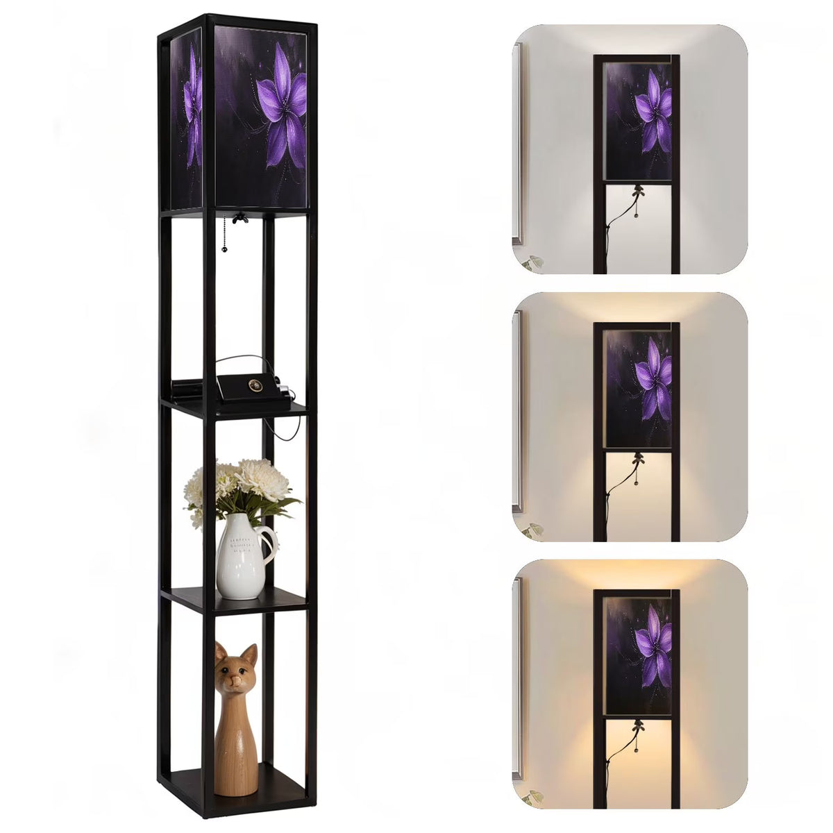 Floor Lamp with Shelves Corner Display Bookshelf Lamp for Living Room and Bedroom Purple Purple Wall Decor Purple Flower LED Modern Shelf Floor Lamp